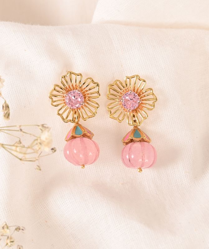 4 in 1 Pure Silver Detachable Daisy Jhumki Earring in Pink