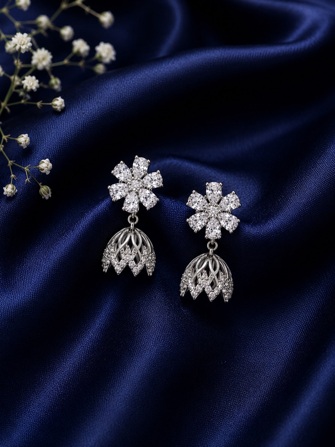 2 in 1 Pure Silver Chloe Detachable Jhumki earring in Silver Rhodium