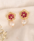 4 in 1 detachable Adya earring with red stones and pearl drop in gold plating