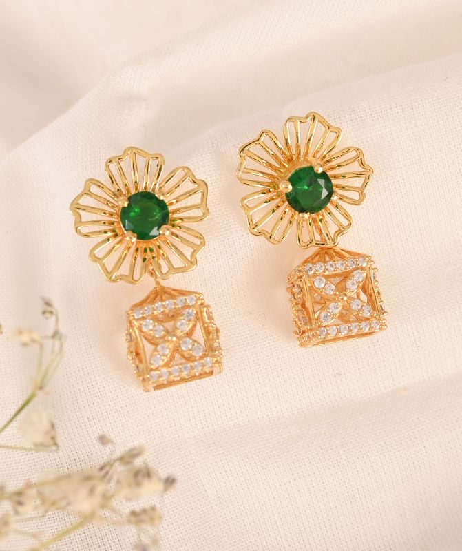 4 in 1 Pure Silver Detachable Avery Gold Plated Jhumki Earring in Green Stone