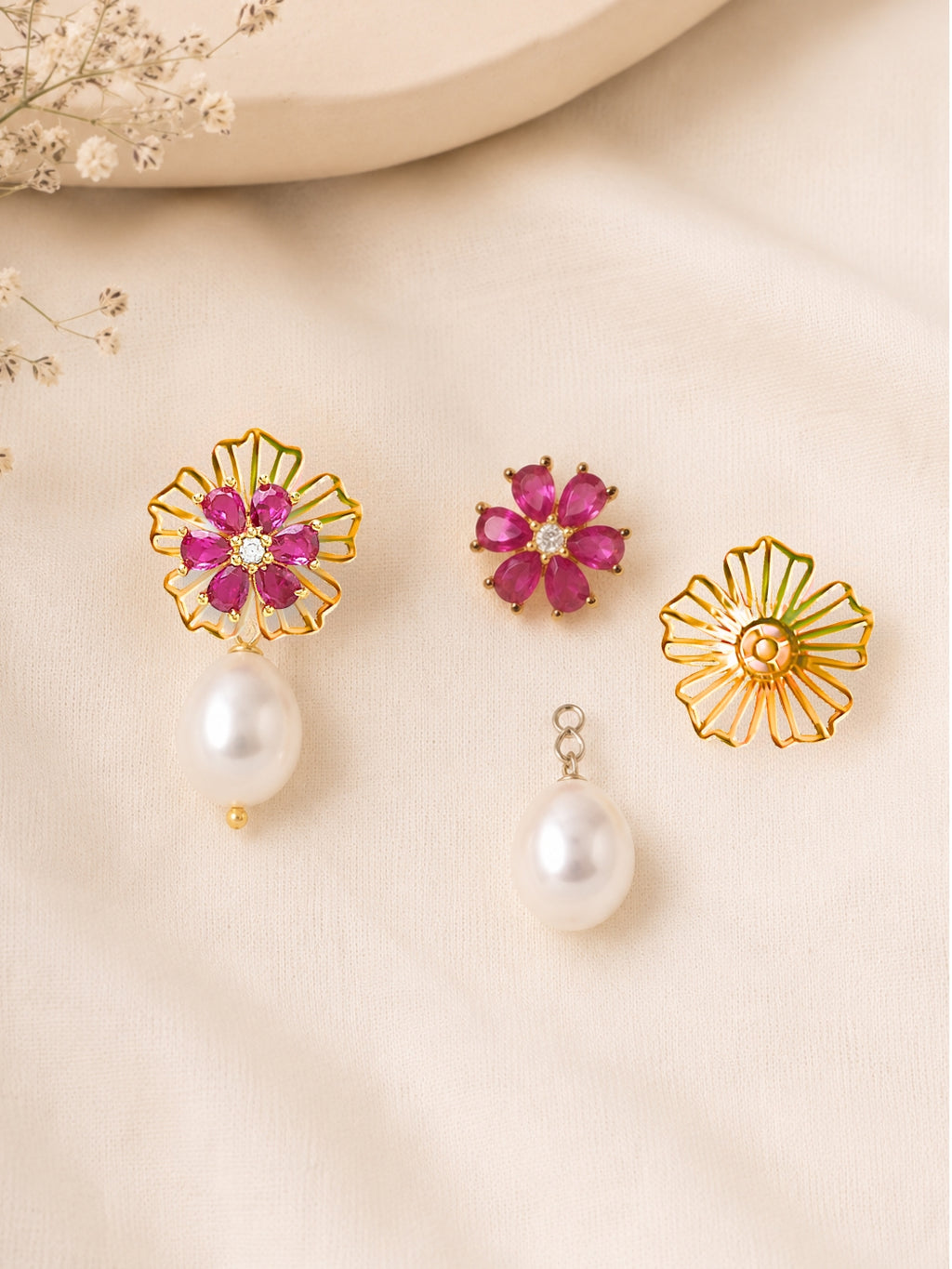 4 in 1 detachable Adya earring with red stones and pearl drop in gold plating