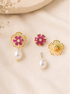 4 in 1 detachable Adya earring with red stones and pearl drop in gold plating