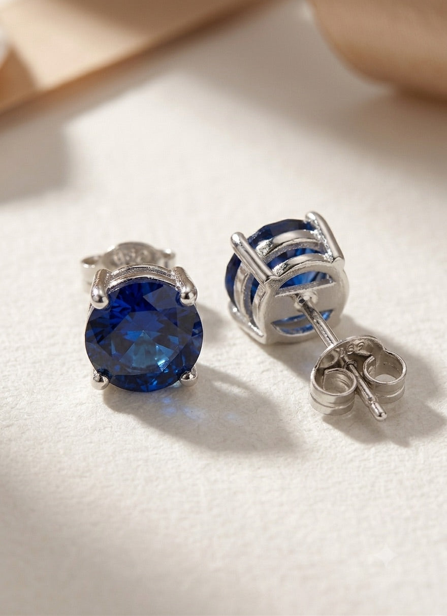 Pure Silver Blue Solitaire Stud Earring