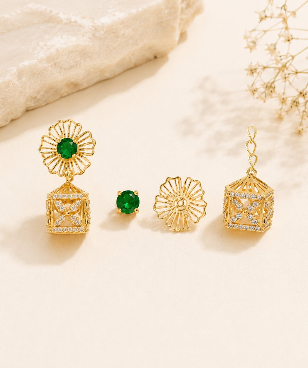 4 in 1 Pure Silver Detachable Avery Gold Plated Jhumki Earring in Green Stone
