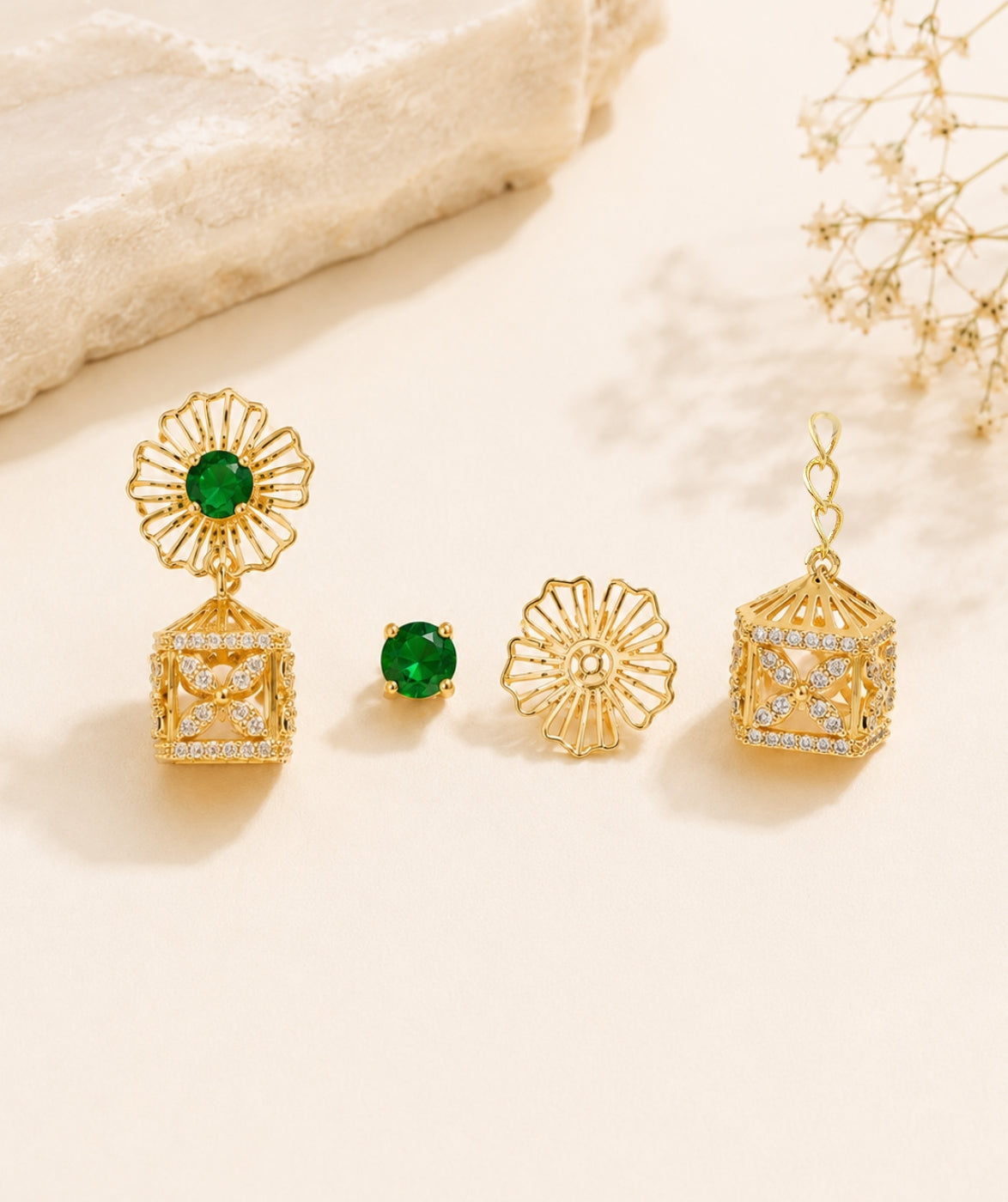 4 in 1 Pure Silver Detachable Avery Gold Plated Jhumki Earring in Green Stone