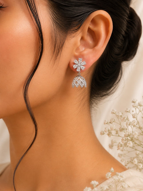 2 in 1 Pure Silver Chloe Detachable Jhumki earring in Silver Rhodium