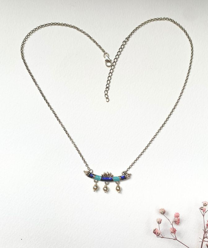 925 Pure Silver Lotus Sarovar Neckalce with blue enamel