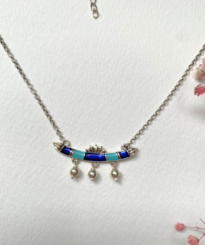 925 Pure Silver Lotus Sarovar Neckalce with blue enamel