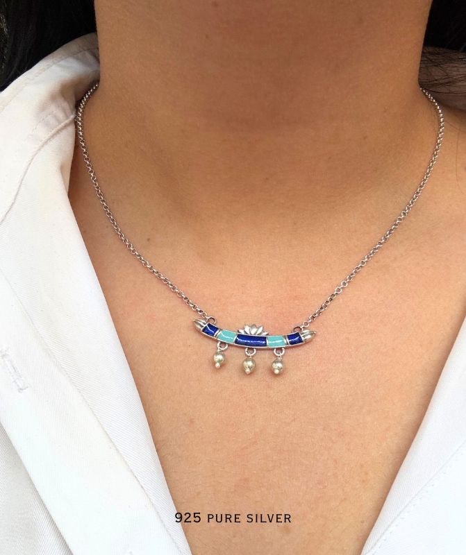 925 Pure Silver Lotus Sarovar Neckalce with blue enamel