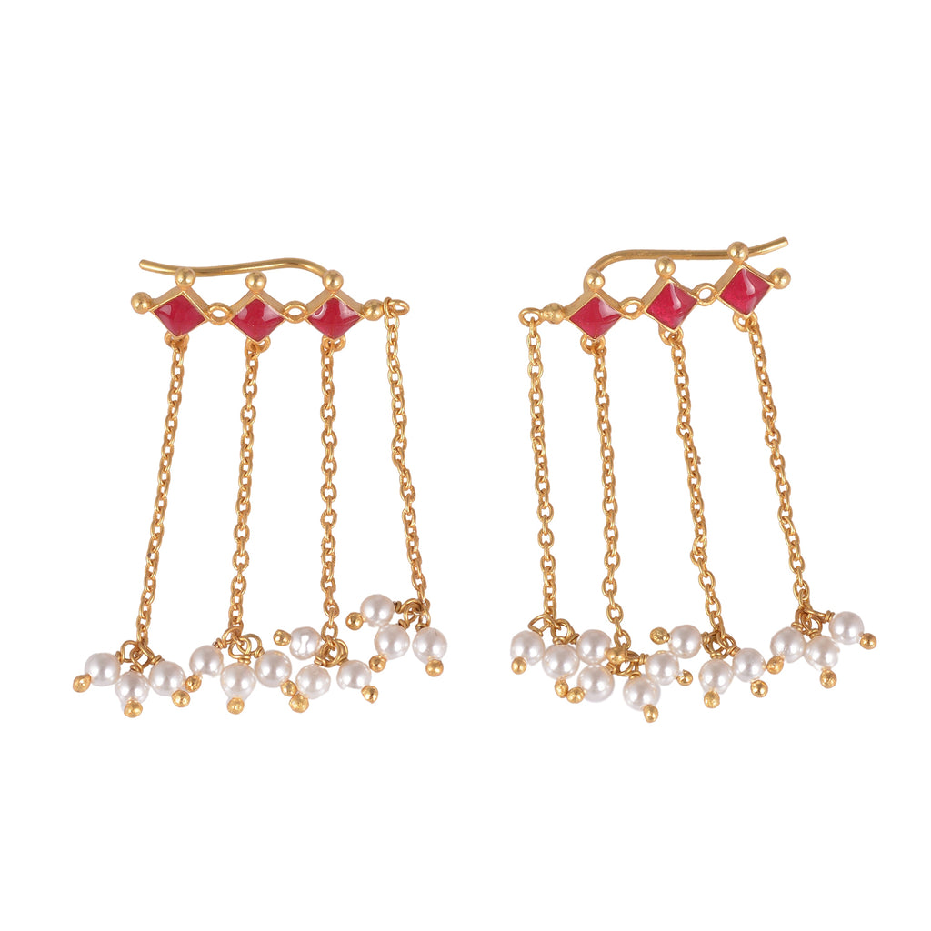 925 Silver Red Pearl Tassel Earcuff