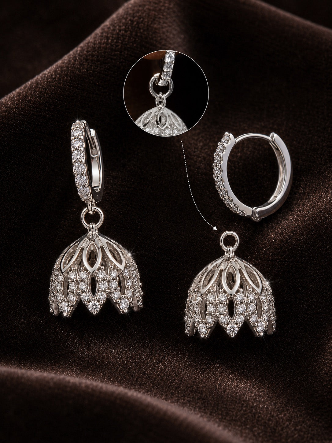 2 in 1 Detachable Jhumki Hoop Earring in 925 Pure Silver