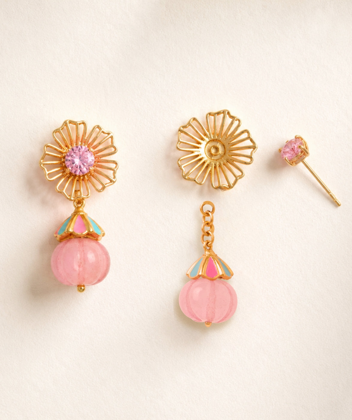 4 in 1 Pure Silver Detachable Daisy Jhumki Earring in Pink
