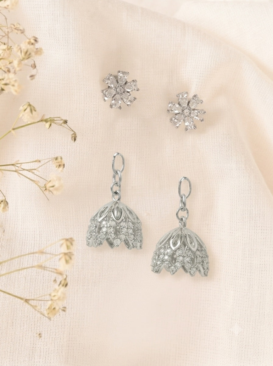 2 in 1 Pure Silver Chloe Detachable Jhumki earring in Silver Rhodium