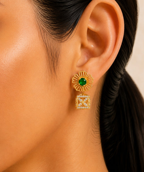 4 in 1 Pure Silver Detachable Avery Gold Plated Jhumki Earring in Green Stone
