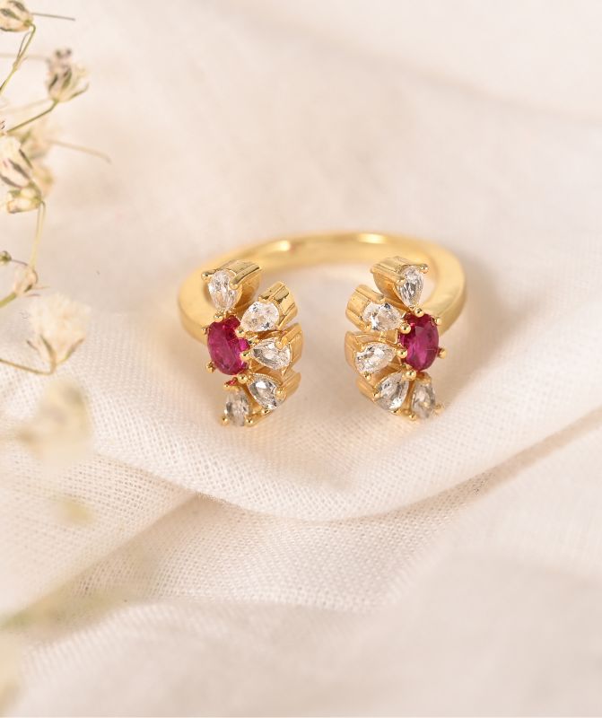 925 Silver Flower Love Adjustable Ring in Gold Plating