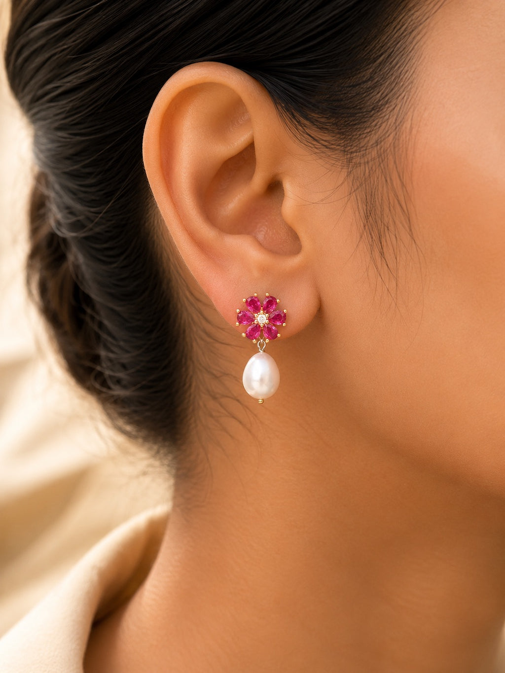 4 in 1 detachable Adya earring with red stones and pearl drop in gold plating