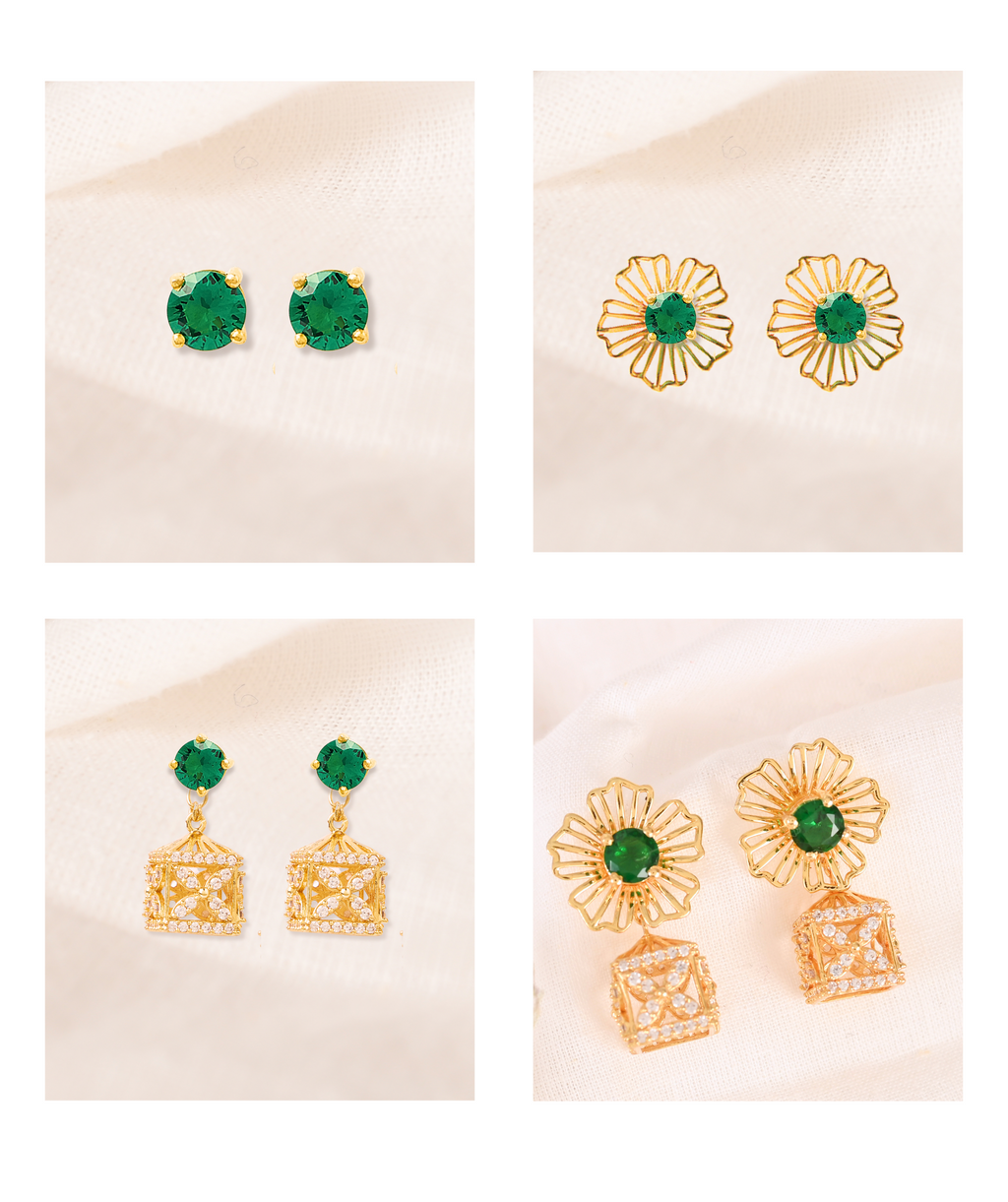 4 in 1 Pure Silver Detachable Avery Gold Plated Jhumki Earring in Green Stone