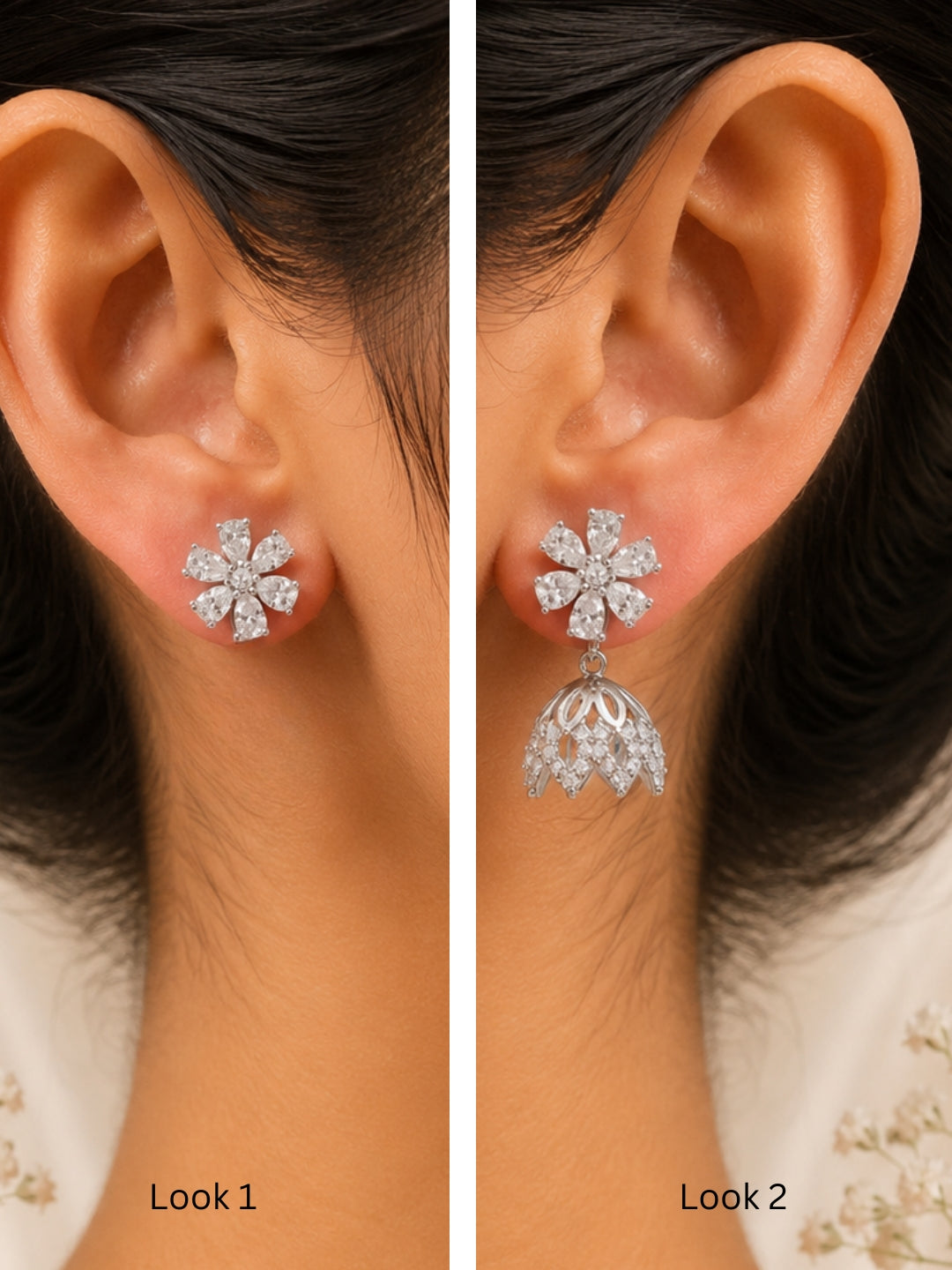 2 in 1 Pure Silver Chloe Detachable Jhumki earring in Silver Rhodium