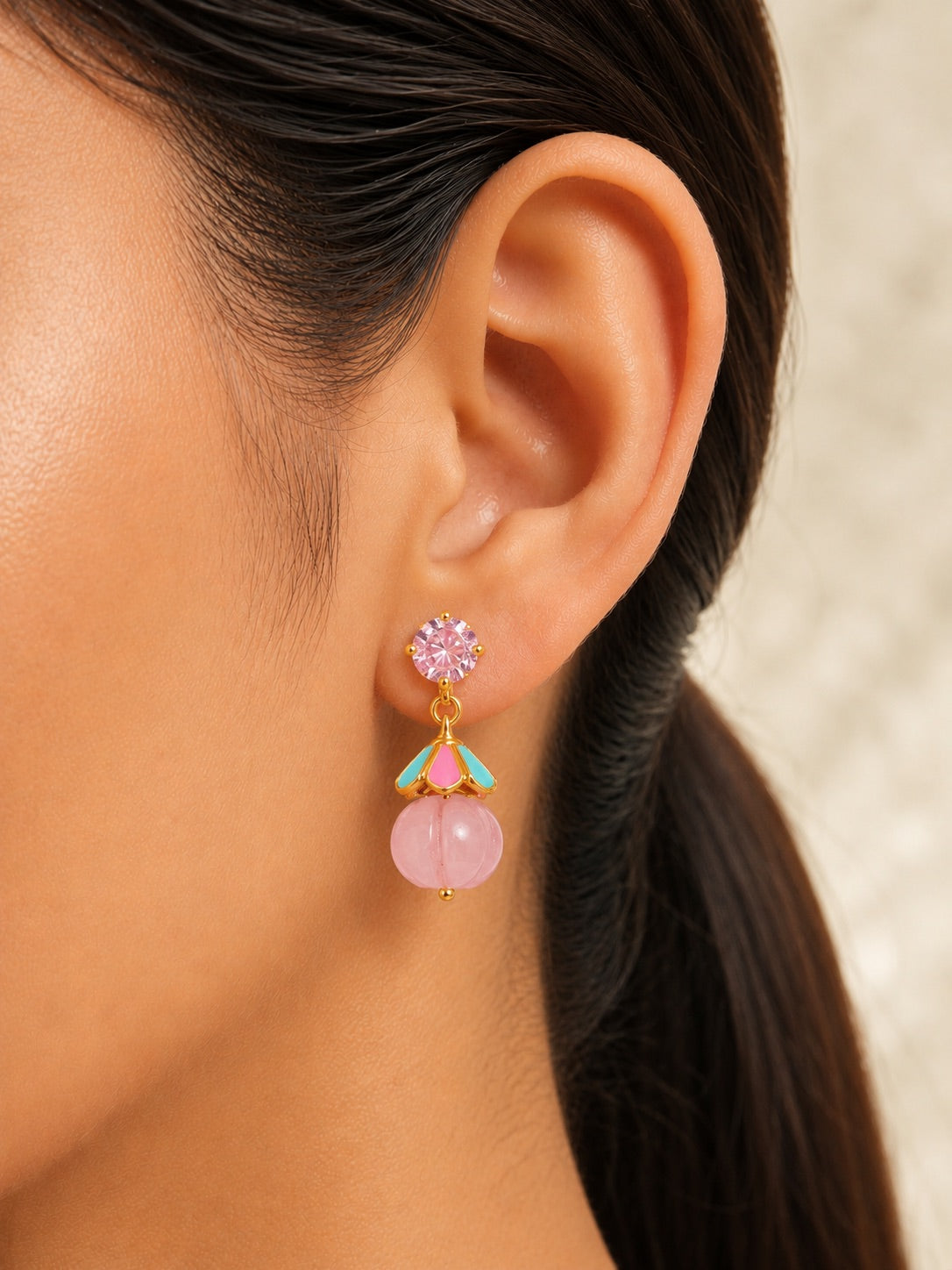 4 in 1 Pure Silver Detachable Daisy Jhumki Earring in Pink