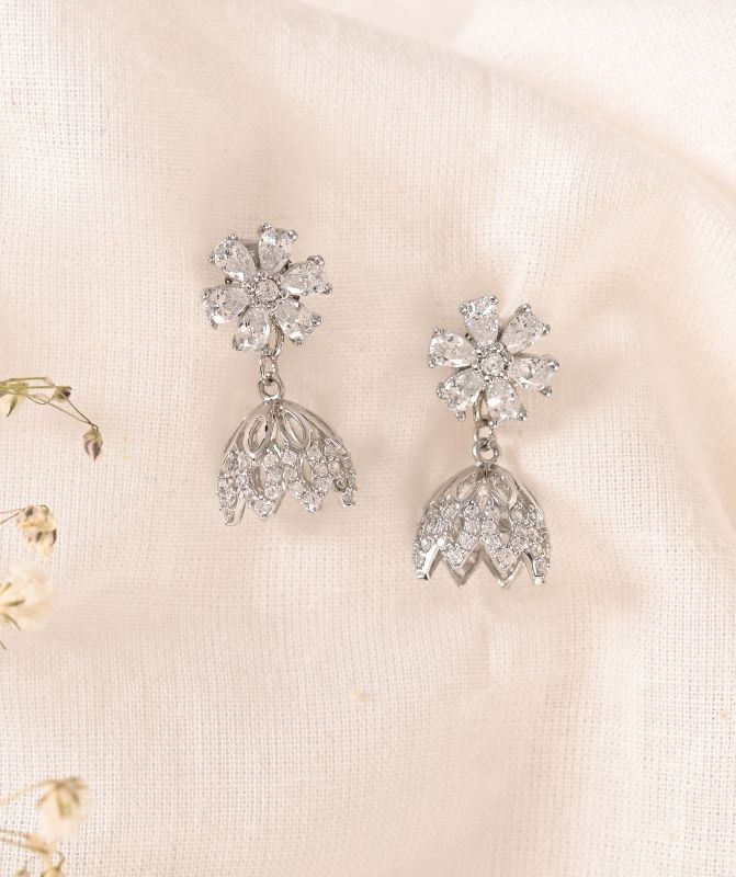 2 in 1 Pure Silver Chloe Detachable Jhumki earring in Silver Rhodium