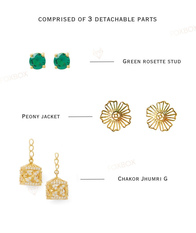 4 in 1 Pure Silver Detachable Avery Gold Plated Jhumki Earring in Green Stone