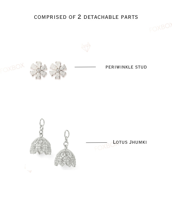 2 in 1 Pure Silver Chloe Detachable Jhumki earring in Silver Rhodium