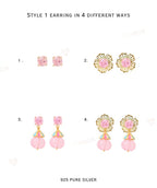 4 in 1 Pure Silver Detachable Daisy Jhumki Earring in Pink
