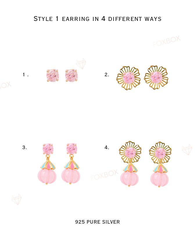 4 in 1 Pure Silver Detachable Daisy Jhumki Earring in Pink