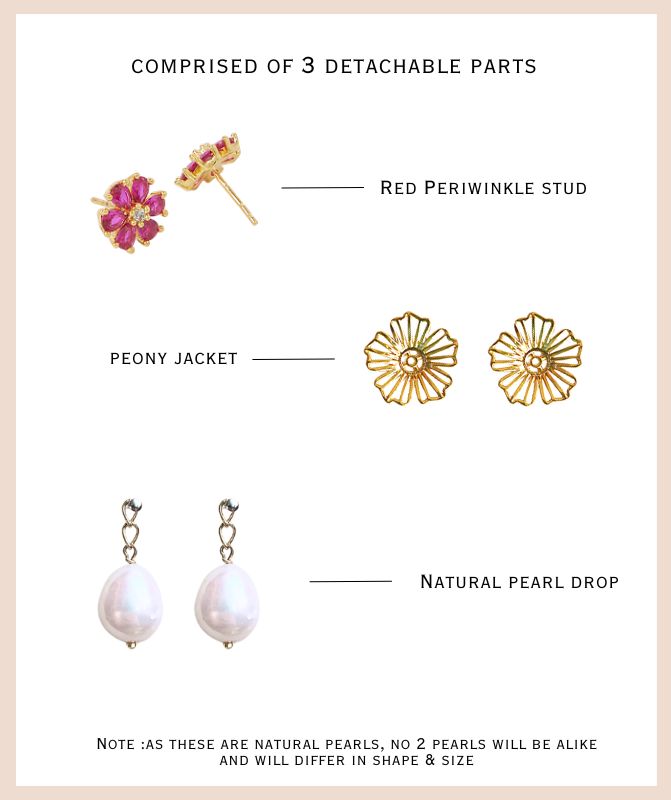 4 in 1 detachable Adya earring with red stones and pearl drop in gold plating
