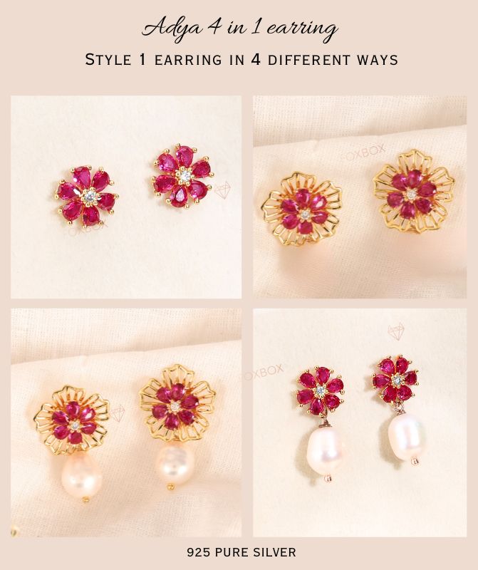 4 in 1 detachable Adya earring with red stones and pearl drop in gold plating