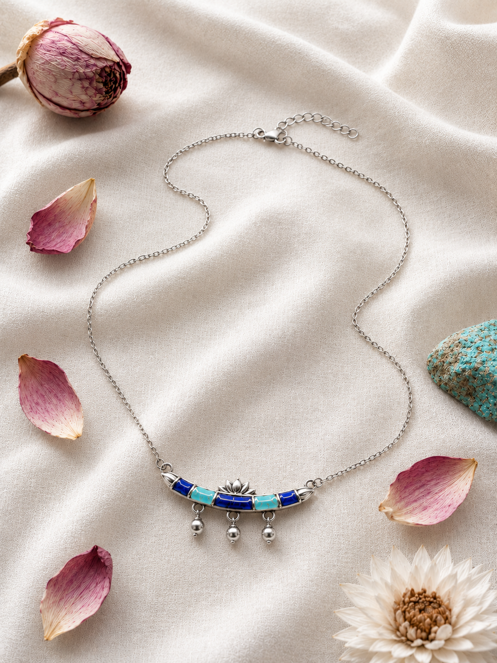 925 Pure Silver Lotus Sarovar Neckalce with blue enamel