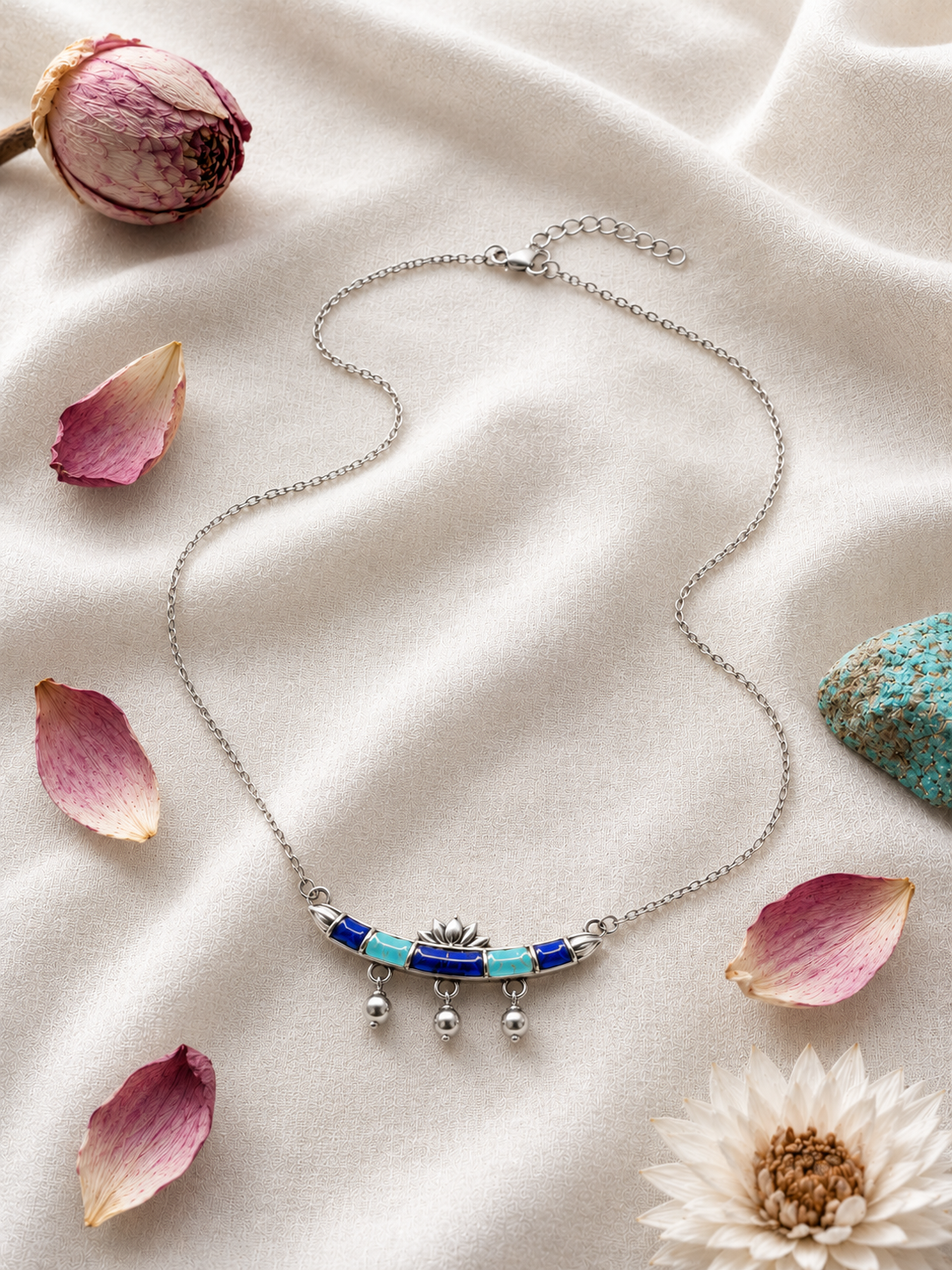 925 Pure Silver Lotus Sarovar Neckalce with blue enamel