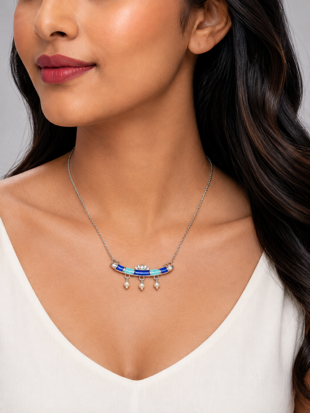 925 Pure Silver Lotus Sarovar Neckalce with blue enamel