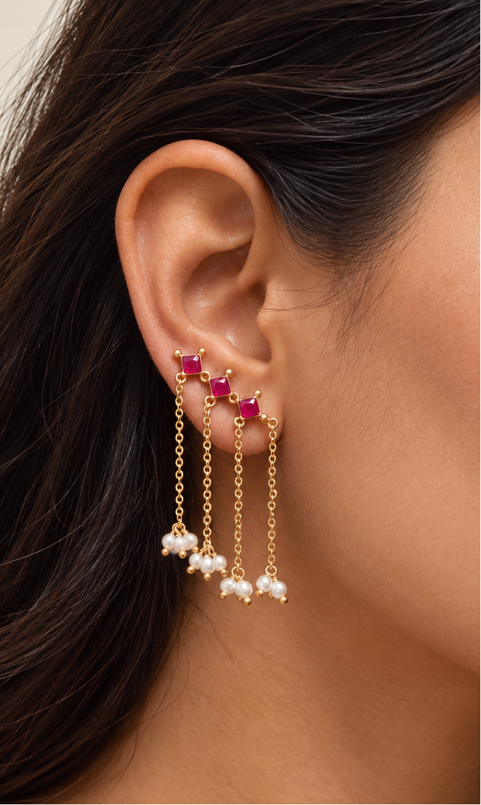 925 Silver Red Pearl Tassel Earcuff