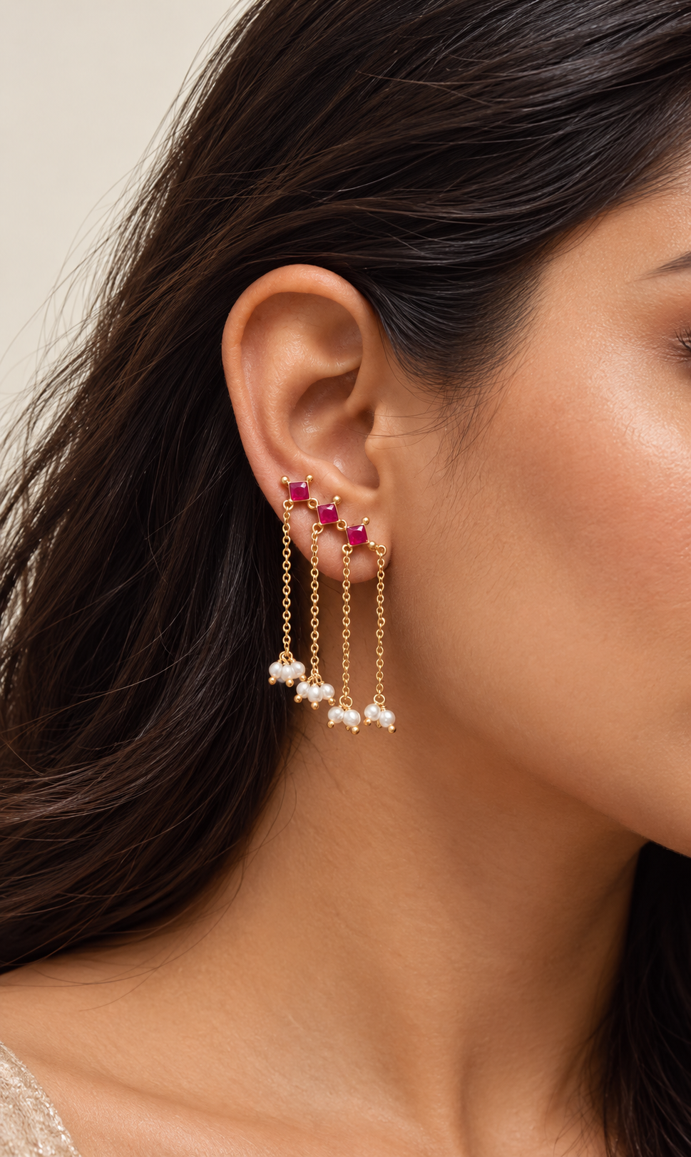 925 Silver Red Pearl Tassel Earcuff