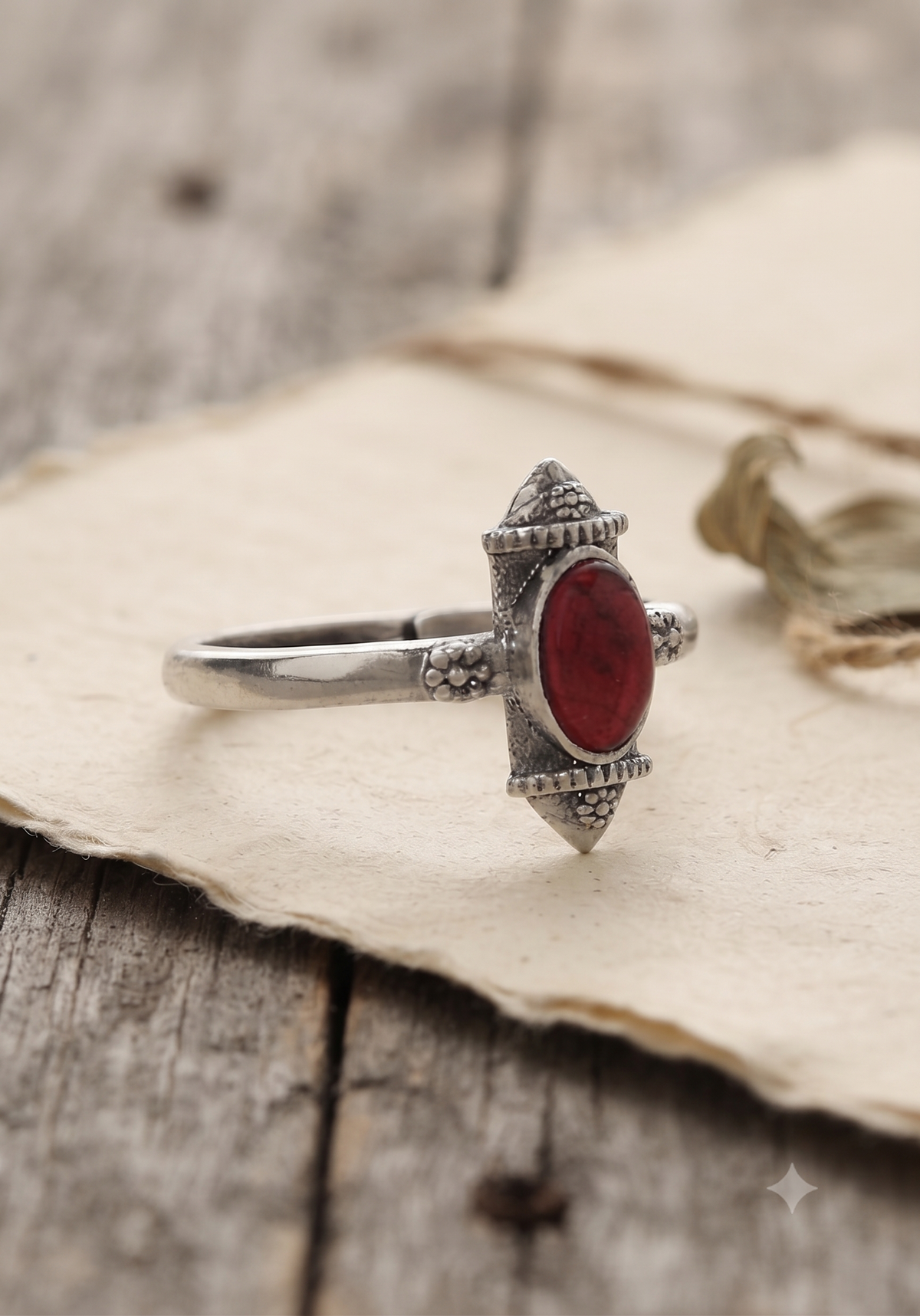 Oxidised Pure Silver Red Amulet Ring