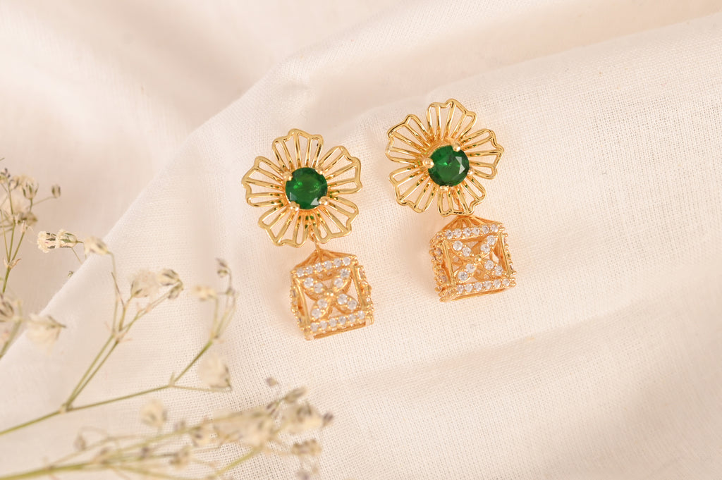 4 in 1 Pure Silver Detachable Avery Gold Plated Jhumki Earring in Green Stone