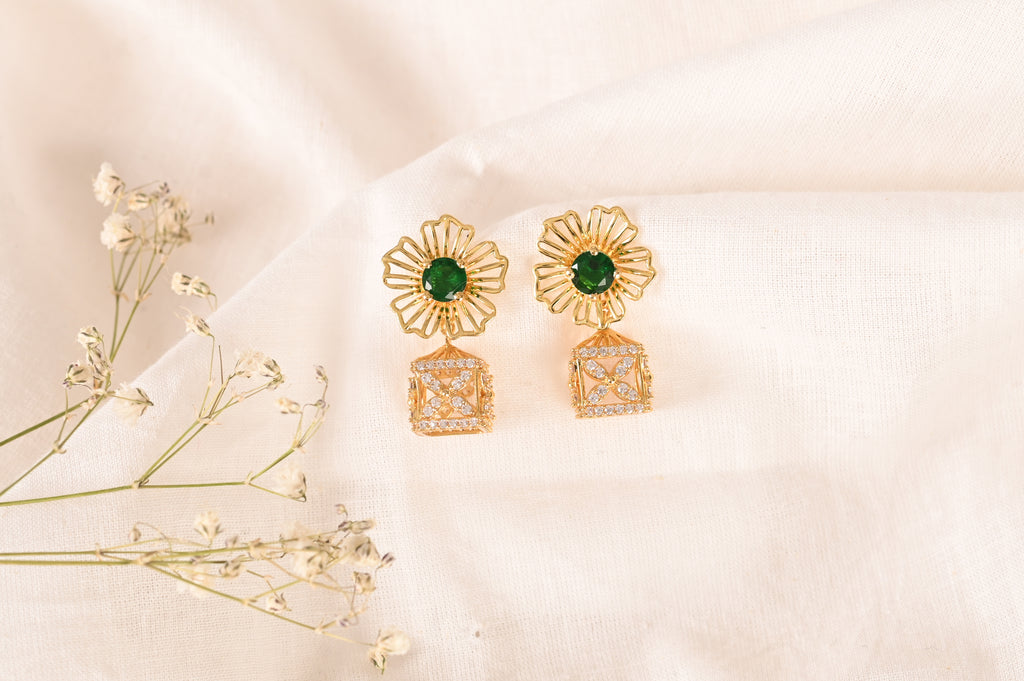 4 in 1 Pure Silver Detachable Avery Gold Plated Jhumki Earring in Green Stone