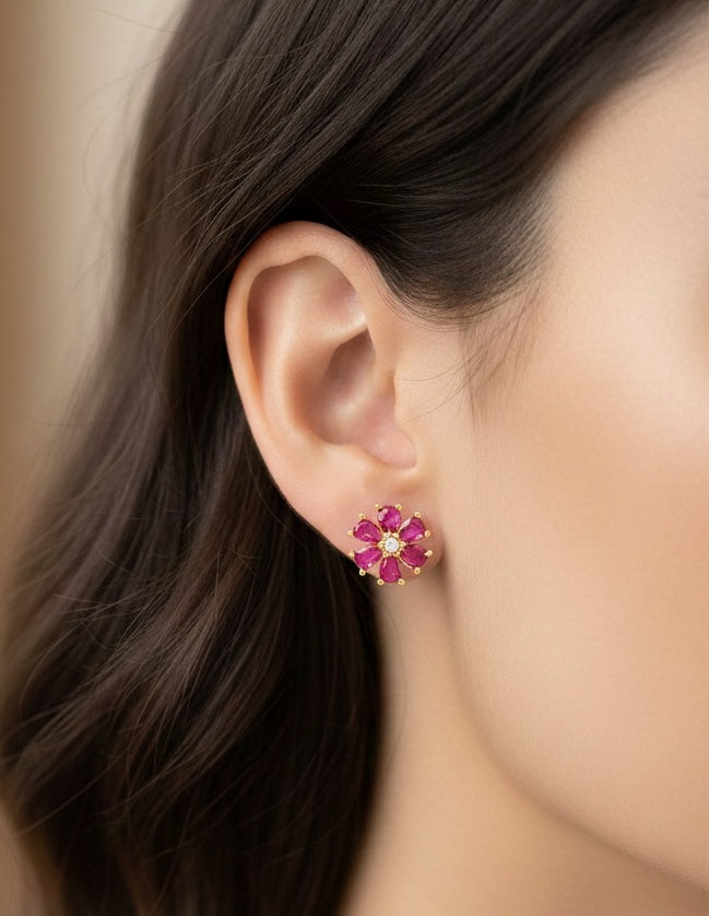 925 Silver Red Floral Periwinkle Stud