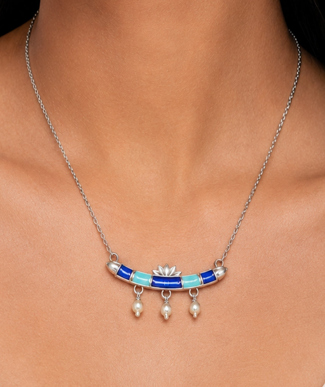 925 Pure Silver Lotus Sarovar Neckalce with blue enamel